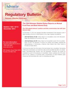 Regulatory Bulletin Relevant. Effective. Advocacy. [removed] Bulletin # [removed]December 2013