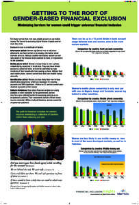 GETTING TO THE ROOT OF GENDER-BASED FINANCIAL EXCLUSION Minimizing barriers for women could trigger universal financial inclusion Far fewer women than men own a bank account or use mobile money. The barrier to accessing 