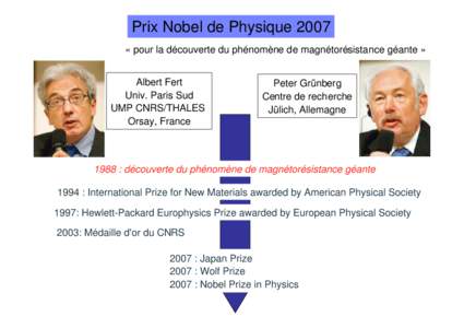 Prix Nobel de Physique 2007 « pour la découverte du phénomène de magnétorésistance géante » Albert Fert Univ. Paris Sud UMP CNRS/THALES Orsay, France