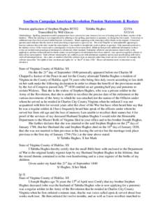 Southern Campaign American Revolution Pension Statements & Rosters Pension application of Stephen Hughes R5352 Transcribed by Will Graves Tabitha Hughes