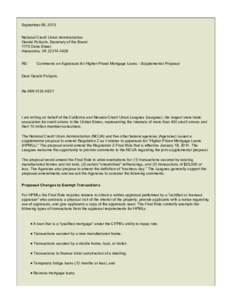 September 09, 2013 National Credit Union Administration Gerald Poliquin, Secretary of the Board 1775 Duke Street Alexandria, VA[removed]RE: