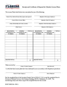 Receipt and Certificate of Disposal for Obsolete License Plates The License Plates listed below were surrendered by one of the following: (Name of Tax Collector/License Plate Agency and Agency #)  (Name of Driver License