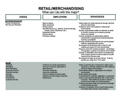 RETAIL/MERCHANDISING What can I do with this major? AREAS BUYING/PURCHASING Product Development Planning and Allocation