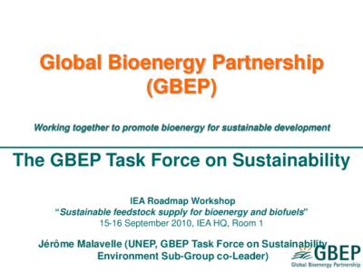 Global Bioenergy Partnership (GBEP) Working together to promote bioenergy for sustainable development The GBEP Task Force on Sustainability IEA Roadmap Workshop