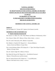 NATIONAL ASSEMBLY MINUTES OF PROCEEDINGS OF THE 85TH SITTING OF THE NATIONAL ASSEMBLY OF THE FIRST SESSION[removed]OF THE TENTH PARLIAMENT OF GUYANA HELD AT 2.00 P.M. ON THURSDAY, 15TH MAY, 2014