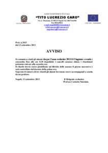 LICEO SCIENTIFICO STATALE  “TITO LUCREZIO CARO” Cod. Fisc[removed]Via A. Manzoni, [removed]Napoli Tel[removed]