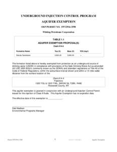 UNDERGROUND INJECTION CONTROL PROGRAM AQUIFER EXEMPTION OEP PERMIT NO. FPT2916-3598 Whiting Petroleum Corporation TABLE 1.1 AQUIFER EXEMPTION PROPOSAL(S)