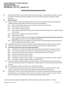 Vermont Department of Health Laboratory 195 Colchester Ave. Burlington, VT[removed][removed]in state only) or[removed]Drinking Water Sample Acceptance Policy