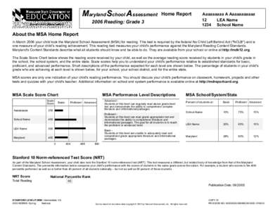 Maryland School Assessment  Home Report 2006 Reading: Grade 3