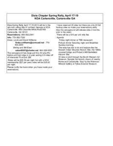 Dixie Chapter Spring Rally, AprilKOA Cartersville, Cartersville GA Dixie Spring Rally Aprilwill be in the red-rock rolling hills of northern Georgia at KOA Cartersville, 800 Cassville-White Road NW Car