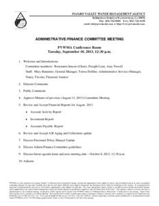 PAJARO VALLEY WATER MANAGEMENT AGENCY 36 BRENNAN STREET  WATSONVILLE, CATEL: FAX: email:   http://www.pvwma.dst.ca.us  ADMINISTRATIVE/FINANCE COMMITTEE MEETING