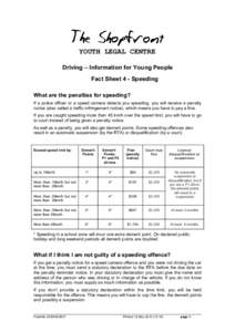 YOUTH LEGAL CENTRE Driving – Information for Young People Fact Sheet 4 - Speeding What are the penalties for speeding? If a police officer or a speed camera detects you speeding, you will receive a penalty notice (also