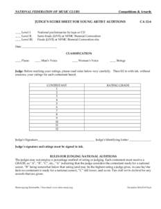 NATIONAL FEDERATION OF MUSIC CLUBS  Competitions & Awards JUDGE’S SCORE SHEET FOR YOUNG ARTIST AUDITIONS ____ Level I.