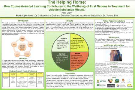 The Helping Horse: How Equine Assisted Learning Contributes to the Wellbeing of First Nations in Treatment for Volatile Substance Misuse. Kate Dunn Field Supervisors: Dr. Colleen Anne Dell and Darlene Chalmers. Academic 