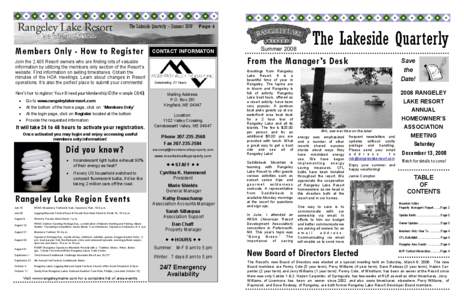 The Lakeside Quarterly - Summer[removed]Members Only - How to Register Join the 2,405 Resort owners who are finding lots of valuable information by utilizing the members only section of the Resort’s website: Find informa
