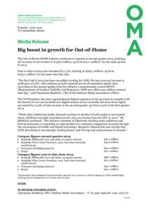 Tuesday 1 July 2014 For immediate release Big boost in growth for Out-of-Home The Out-of-Home (OOH) industry continues to impress in second quarter 2014, posting a 9% increase in net revenue to $138.6 million, up from $1