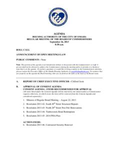 AGENDA HOUSING AUTHORITY OF THE CITY OF OMAHA REGULAR MEETING OF THE BOARD OF COMMISSIONERS September 26, 2013 8:30 a.m. ROLL CALL