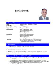 Curriculum Vitae  1. Personal Data Name Nationality Date and Place of Birth