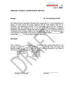 ORDINARY GENERAL SHAREHOLDERS’ MEETING  Decision No. 525 dated May 30, 2014