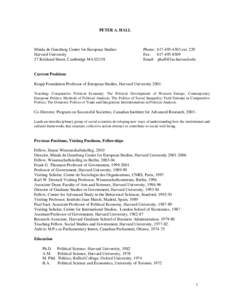 PETER A. HALL  Minda de Gunzburg Center for European Studies Harvard University 27 Kirkland Street, Cambridge MA 02138