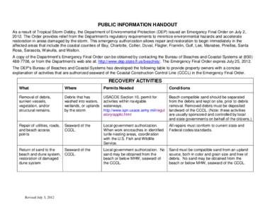 PUBLIC INFORMATION HANDOUT As a result of Tropical Storm Debby, the Department of Environmental Protection (DEP) issued an Emergency Final Order on July 2, 2012. The Order provides relief from the Department’s regulato