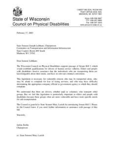 1 WEST WILSON, ROOM 450 POST OFFICE BOX 7851 MADISON, WI[removed]State of Wisconsin Council on Physical Disabilities