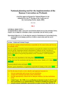 National planning tool for the implementation of the Ramsar Convention on Wetlands (And the approved format for National Reports to be submitted for the 8th Meeting of the Conference of the Contracting Parties, Spain, 20