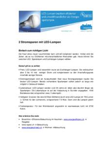 2 Stromsparen mit LED-Lampen Einfach zum richtigen Licht Der Kauf eines neuen Leuchtmittels kann schnell kompliziert werden. Vorbei sind die Zeiten, als es nur Glühbirnen mitunterschiedlichen Wattzahlen gab. Heute könn