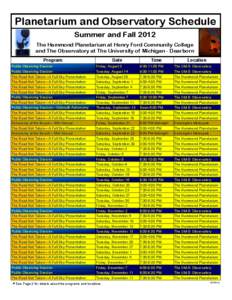 Planetarium and Observatory Schedule Summer and Fall 2012 The Hammond Planetarium at Henry Ford Community College and The Observatory at The University of Michigan - Dearborn Program Public Observing Session