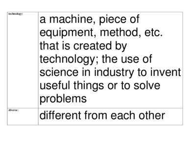 technology:  diverse: a machine, piece of equipment, method, etc.
