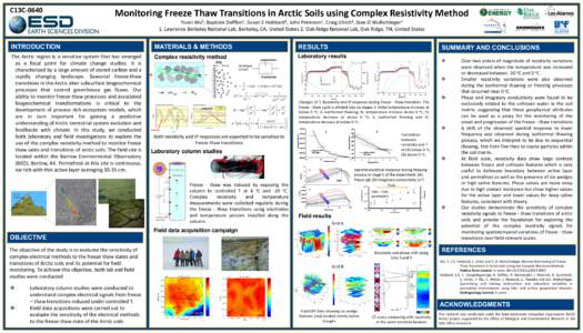 C13C[removed]Monitoring Freeze Thaw Transitions in Arctic Soils using Complex Resistivity Method Yuxin Wu1, Baptiste Dafflon1, Susan S Hubbard1, John Peterson1, Craig Ulrich1, Stan D Wullschleger2 1. Lawrence Berkeley Nati