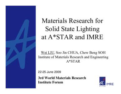 Materials Research for Solid State Lighting at A*STAR and IMRE Wei LIU, Soo Jin CHUA, Chew Beng SOH Institute of Materials Research and Engineering A*STAR