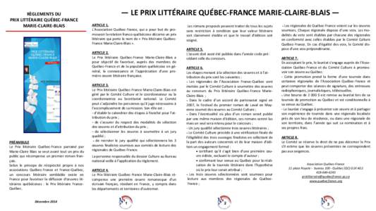 RÈGLEMENTS DU PRIX LITTÉRAIRE QUÉBEC-FRANCE MARIE-CLAIRE-BLAIS — LE PRIX LITTÉRAIRE QUÉBEC-FRANCE MARIE-CLAIRE-BLAIS — ARTICLE 1.