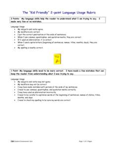 The “Kid Friendly” 2-point Language Usage Rubric 2 Points: My language skills help the reader to understand what I am trying to say. I made very few or no mistakes. Language Usage • My subjects and verbs agree. •