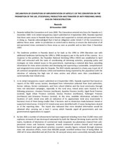 DECLARATION OF COMPLETION OF IMPLEMENTATION OF ARTICLE 5 OF THE CONVENTION ON THE PROHIBITION OF THE USE, STOCKPILING, PRODUCTION AND TRANSFER OF ANTI-PERSONNEL MINES AND ON THEIR DESTRUCTION Rwanda 30 November 2009