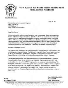 LAC DU FLAMBEAU BAND OF LAKE SUPERIOR CHIPPEWA INDIANS TRIBAL HISTORIC PRESERVATION April 16, 2014 Carolyn Lurvey, Environmental Engineer Pitlik & Wick, Inc.