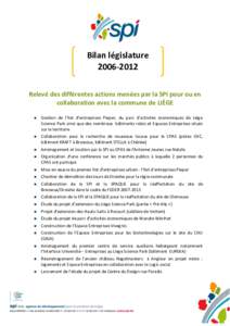 Bilan législature[removed]Relevé des différentes actions menées par la SPI pour ou en collaboration avec la commune de LIÈGE 