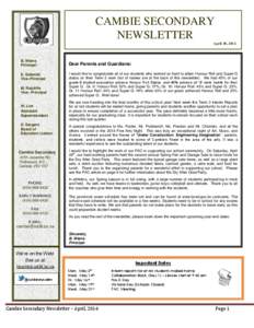 CAMBIE SECONDARY NEWSLETTER April 30, 2014 B. Wiens Principal