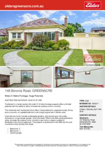 eldersgreenacre.com.au  148 Boronia Road, GREENACRE Wide 21 Metre Frontage, Huge Potential AUCTION THIS SATURDAYAT 3PM