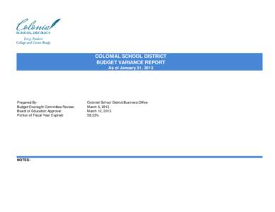 COLONIAL SCHOOL DISTRICT BUDGET VARIANCE REPORT As of January 31, 2013 Prepared By: Budget Oversight Committee Review: