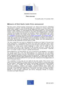 EUROPEAN COMMISSION  PRESS RELEASE Nicosia/Brussels, 5 November[removed]Winners of first Marie Curie Prize announced