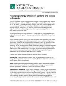 SUSTAINABLE COMMUNITIES  Financing Energy Efficiency: Options and Issues to Consider Like any investment, efforts to finance energy-efficiency projects benefit from thinking ahead about the pros and cons of different opt