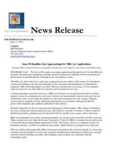 News Release FOR IMMEDIATE RELEASE: June 17, 2015 Contact: Phil Pitchford Intergovernmental and Communications Officer