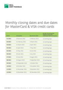 Monthly closing dates and due dates for MasterCard & VISA credit cards Month  Closing Date