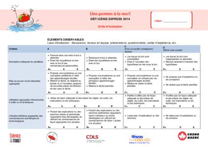 Une pomme à la mer! DÉFI GÉNIE EXPRESS 2014  Nom : _________________  Grille d’évaluation