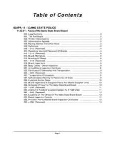 Ta b l e o f C o n t e n t s IDAPA 11 - IDAHO STATE POLICE[removed]Rules of the Idaho State Brand Board 000. Legal Authority. ...........................................................................................