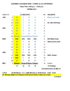 ACADEMIC CALENDAR GRID - 8 WEEK (A & Z) OFFERINGS Class Time 6:00 p.m. - 10:20 p.m. SPRING 2014 WEEK OF JAN.