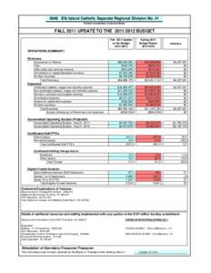 0046 Elk Island Catholic Separate Regional Division No. 41 School Jurisdiction Code and Name FALL 2011 UPDATE TO THE[removed]BUDGET Fall 2011 Update to the Budget