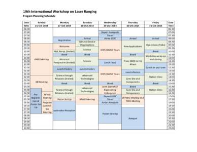 19th	
  International	
  Workshop	
  on	
  Laser	
  Ranging Progam	
  Planning	
  Schedule Date Sunday Monday Time