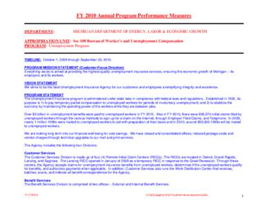 FY 2010 Annual Program Performance Measures DEPARTMENT: MICHIGAN DEPARTMENT OF ENERGY, LABOR & ECONOMIC GROWTH  APPROPRIATION UNIT: Sec 108 Bureau of Worker’s and Unemploymnet Compensation